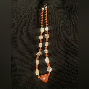 Sparkling Brown Beaded and Pearlized White Heart Necklace